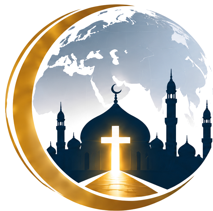 Answering Islam course emblem: a gold crescent framing a globe and mosque silhouette, with a luminous Christian cross.